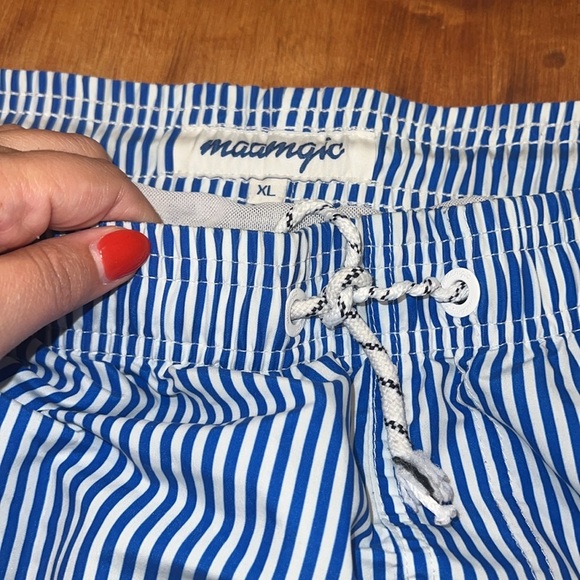 Men’s Maamgic Blue and White Vertical Striped Swim Trunks - Picture 4 of 5
